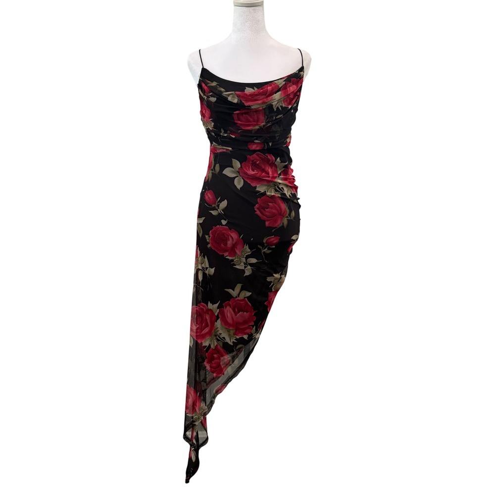 Y2K Lovely Day Floral Dress Womens Large Black Asymmetrical‎ Mesh Rose Fairy